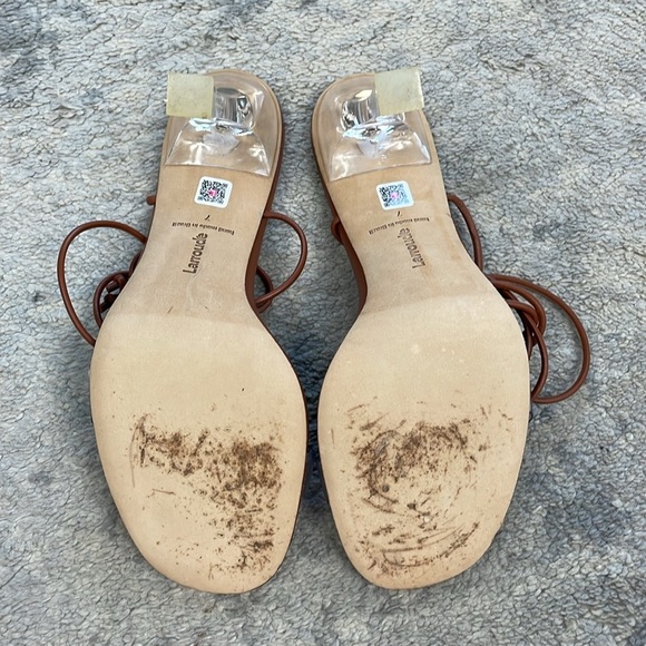 Larroude Gloria Sandal In Caramel Leather and Vinyl Ankle Wrap Clear Heel 7 - Picture 12 of 16